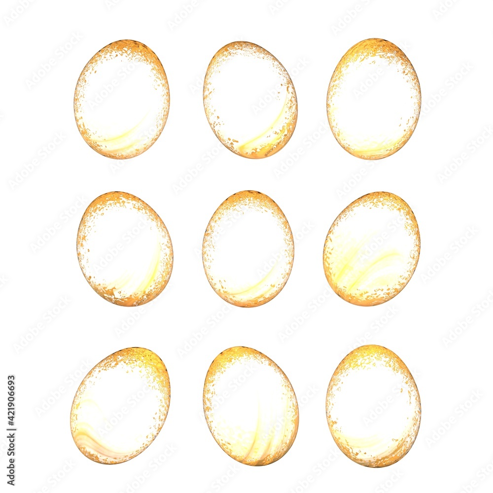 Poster a set of 9 light golden easter eggs on a white background. 3d rendering image.