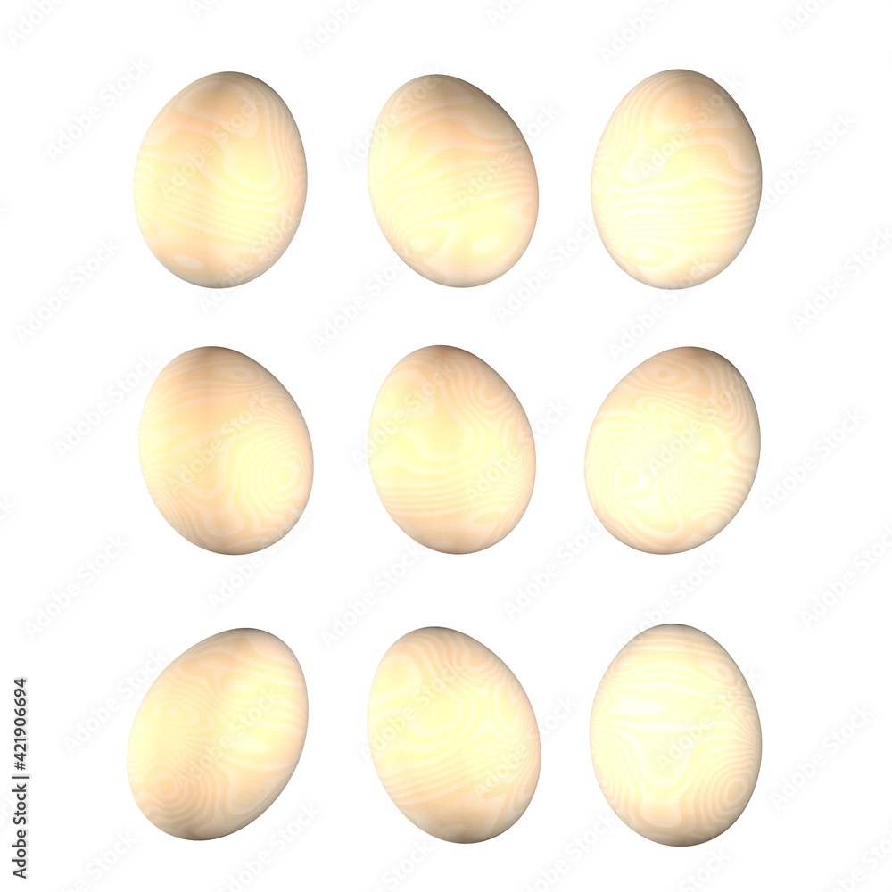 Poster a set of 9 light golden easter eggs on a white background. 3d rendering image.