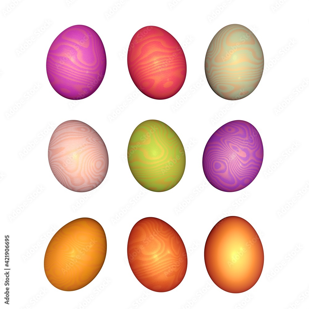 Poster a set of 9 light colored easter eggs. 3d rendering image.