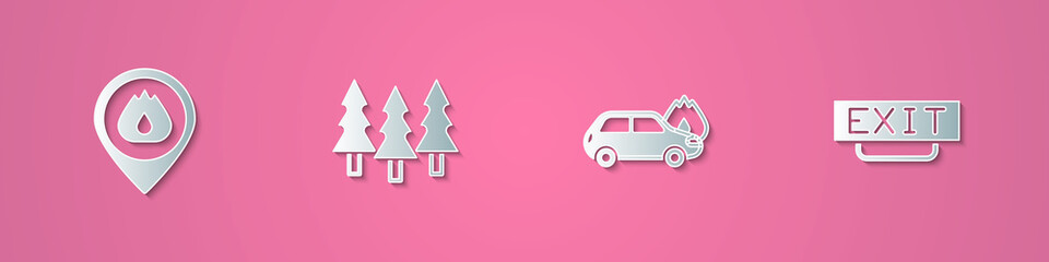 Set paper cut Location with fire flame, Forest, Burning car and Fire exit icon. Paper art style. Vector