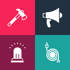 Set pop art Fire hose reel, Ringing alarm bell, Megaphone and Firefighter axe icon. Vector