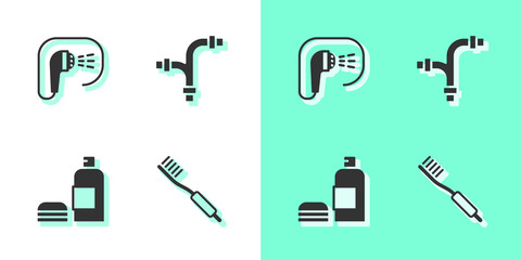 Set Toothbrush, Shower, Bottle of shampoo and Industry metallic pipe icon. Vector