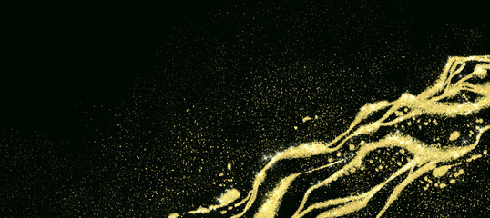 dark abstract glamorous rich background with gold scattering, shine. Glamorous banner, brochure, postcard