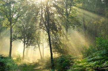 Sunbeams streaming through the trees in a woodland, Warwickshire, England, UK