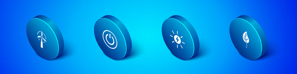 Set Isometric Wind turbine, Solar energy panel, Leaf or leaves and Power button icon. Vector