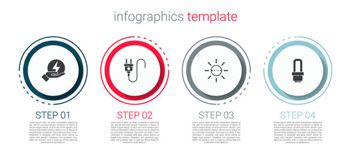 Set Lightning bolt, Electric plug, Solar energy panel and LED light bulb. Business infographic template. Vector