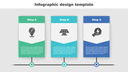 Set Location with leaf, Solar energy panel and Lightning bolt. Business infographic template. Vector