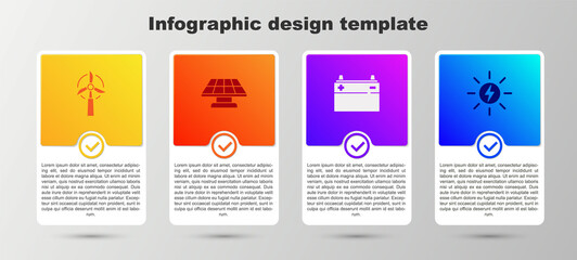 Set Wind turbine, Solar energy panel, Car battery and . Business infographic template. Vector