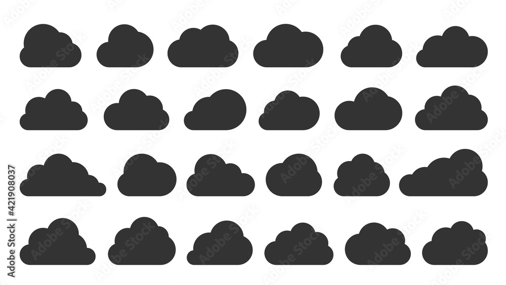 Poster clouds black flat icon set isolated on white. different shape cloud abstract web banner template. di