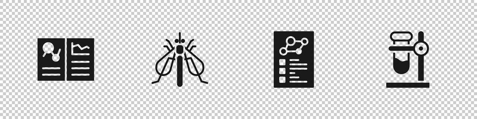 Set Clinical record, Experimental insect, and Test tube flask on stand icon. Vector