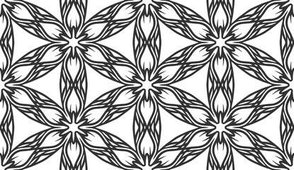 Fototapeta premium Seamless monochrome foliage pattern. Vintage black flower fabric background. Decorative flat geometric retro design. Regular floral elegant petals backdrop. Botanical stylish wrapping paper ornament