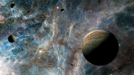 View of Jupiter, the fifth planet of the Solar System, with nebula. Elements of this image...
