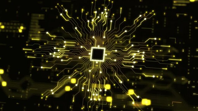 Yellow background with big data CPU processing futuristic circuit board