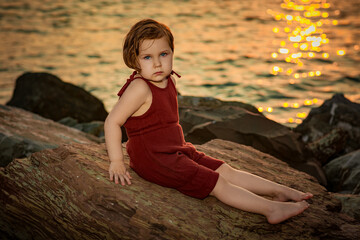 a little beautiful girl,on the beach,on a summer evening at a beautiful sunset, sits with a camera in her hands