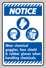 Notice Sign Wear Chemical Goggles, Face Shield and Rubber Gloves When Handling Chemicals
