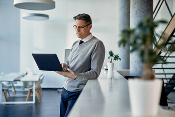 Mature executive manager working on laptop at business office.