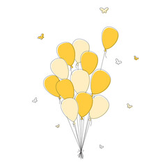 Large bunch of yellow balloons with little butterflies in doodle style isolated on a white background.