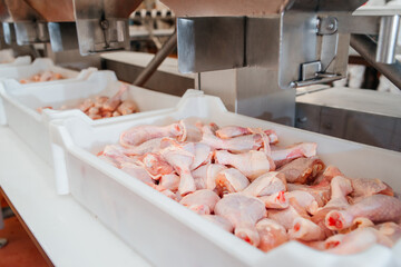 Chicken fillet production line . Factory for the production of food from meat.Automated production...