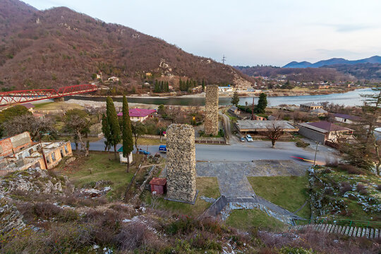 Abkhazia, Gagra district, urban-type settlement Bzyb village Akvara.  9th-10th-century church in ruins and medieval fortress of clan of Inal-Ipa. Destroyed Orthodox Church. Evening mountains landscape
