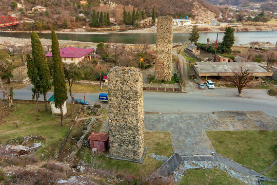 Abkhazia, Gagra district, urban-type settlement Bzyb village Akvara.  9th-10th-century church in ruins and medieval fortress of clan of Inal-Ipa. Destroyed Orthodox Church. Evening mountains landscape