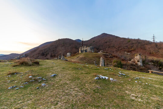 Abkhazia, Gagra district, urban-type settlement Bzyb village Akvara.  9th-10th-century church in ruins and medieval fortress of clan of Inal-Ipa. Destroyed Orthodox Church. Evening mountains landscape