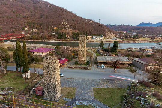 Abkhazia, Gagra district, urban-type settlement Bzyb village Akvara.  9th-10th-century church in ruins and medieval fortress of clan of Inal-Ipa. Destroyed Orthodox Church. Evening mountains landscape