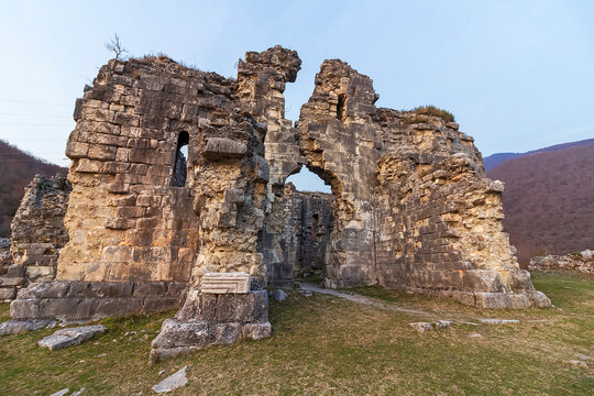 Abkhazia, Gagra district, urban-type settlement Bzyb village Akvara.  9th-10th-century church in ruins and medieval fortress of clan of Inal-Ipa. Destroyed Orthodox Church. Evening mountains landscape