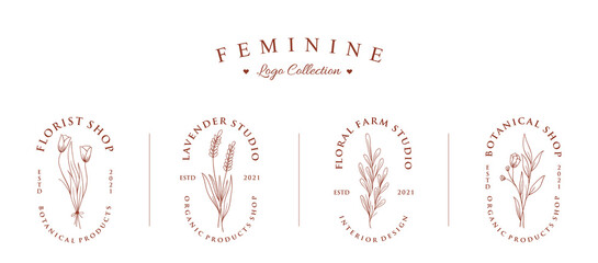 Beautiful vertical floral with badge logo collection set 