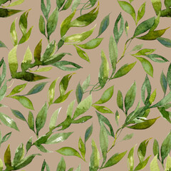 Seamless garland pattern with green leaves for print, interior textile, wrapping paper. Floral elements on brown beige background. Napkin, pillows, different clothes design in nalural colors