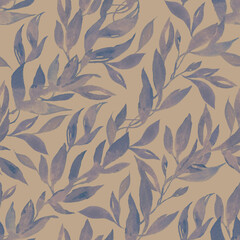 Fototapeta premium Hand painted watercolor seamless pattern. Blue branches and leaves on craft brown surface. Design for clothes, tablecloth, interior textile, wedding print, postcard, invitation, wrapping paper 