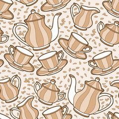 Seamless background with tea set. Hand drawing teapot, milk jug, sugar bowl and cups and saucers. Beige design. 