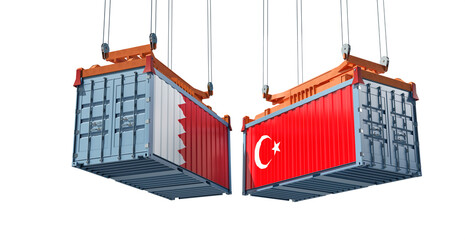 Freight containers with Bahrain and Turkey flag. 3D Rendering 