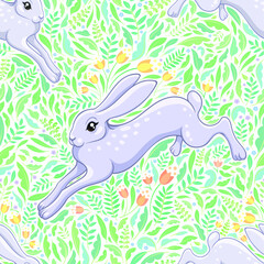 Obraz premium Vector Floral Rabbits Seamless Pattern