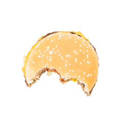 bitten hamburger isolated on white background. burger cut out. unhealthy eating concept