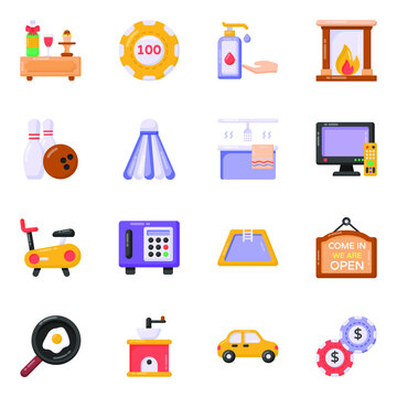 
Trendy Flat Icons of Hotel and Room Services

