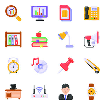
Pack of Office Accessories Flat Icons 

