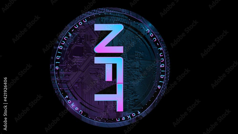 Poster rotating round three-dimensional token with the inscription nft. concept crypto art. 3d render
