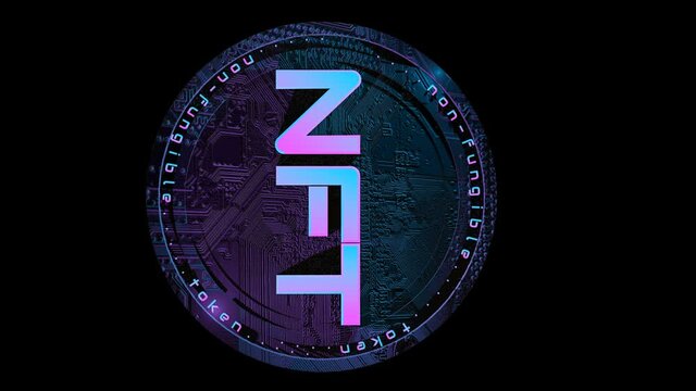 rotating round three-dimensional token with the inscription nft. concept crypto art. 3d render