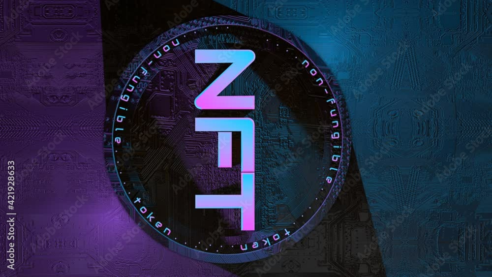 Poster rotating round three-dimensional token with the inscription nft. concept crypto art. 3d render