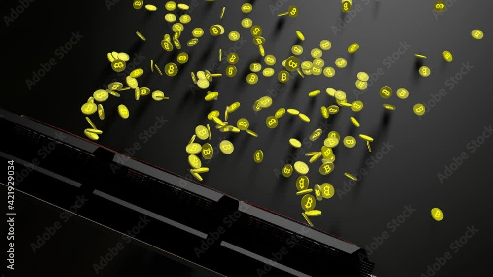 Aufkleber gold coins with the bitcoin symbol are pouring out of a working video card on a dark background. con