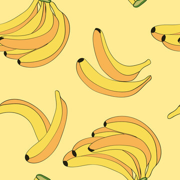 Seamless vector repeat pattern with simple graphic drawn yellow bananas tossed on a yellow ground