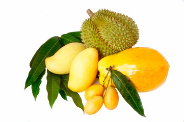 Tropical fruits - mango, papaya, mariana plum, durian, plum mango.
The composition contains green leaves.