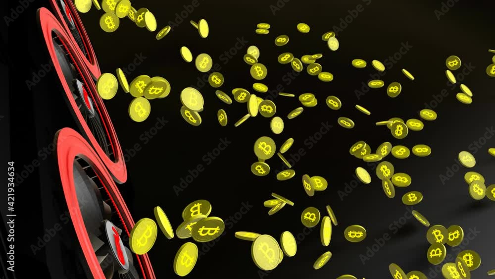 Aufkleber gold coins with the bitcoin symbol are pouring out of a working video card on a dark background. con