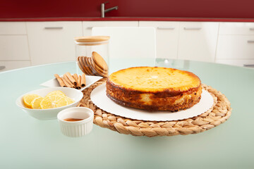 Lemon cheesecake base and tart toppings. copy space. The concept of homemade pastry, cooking cakes.