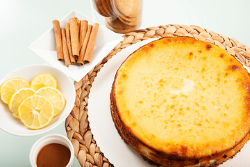 Lemon cheesecake base and tart toppings. copy space. The concept of homemade pastry, cooking cakes.