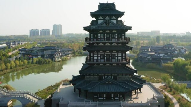 Aerial photograph of Kuixing building in the hometown of Xiang Wang in Suqian, Jiangsu Province, China on a sunny autumn afternoon