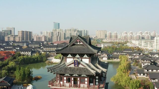 Aerial photograph of Kuixing building in the hometown of Xiang Wang in Suqian, Jiangsu Province, China on a sunny autumn afternoon