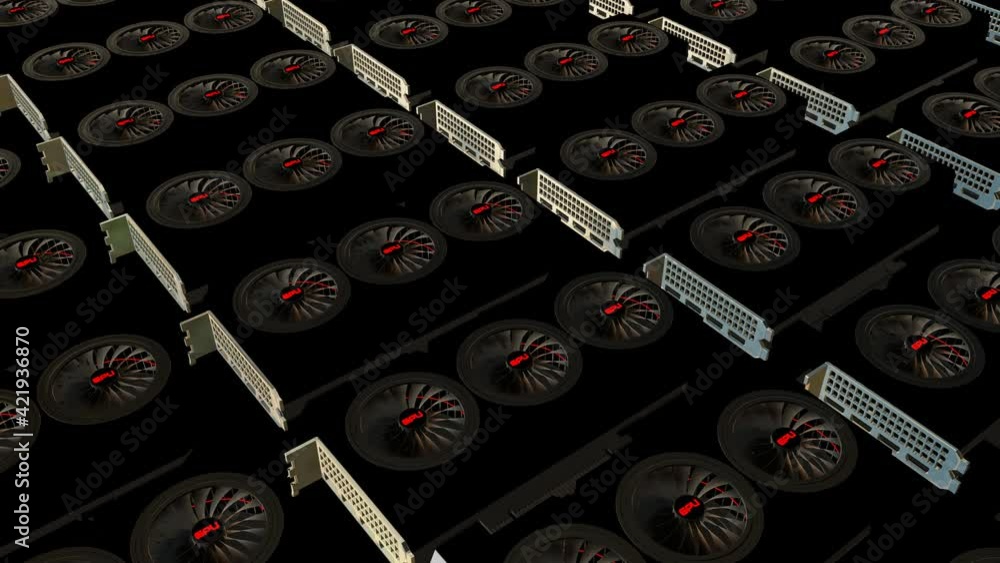 Poster rows of three-dimensional models of modern video cards with rotating coolers. concept of mining farm