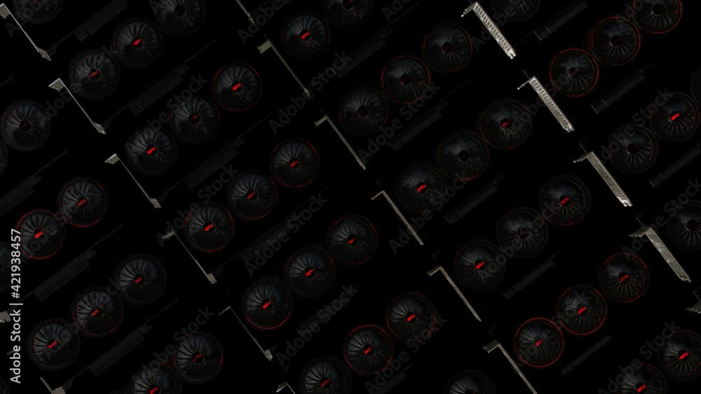 Aufkleber rows of three-dimensional models of modern video cards with rotating coolers. concept of mining farm