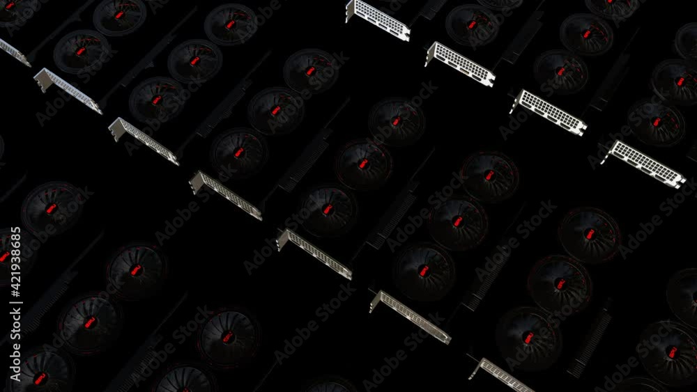 Aufkleber rows of three-dimensional models of modern video cards with rotating coolers. concept of mining farm